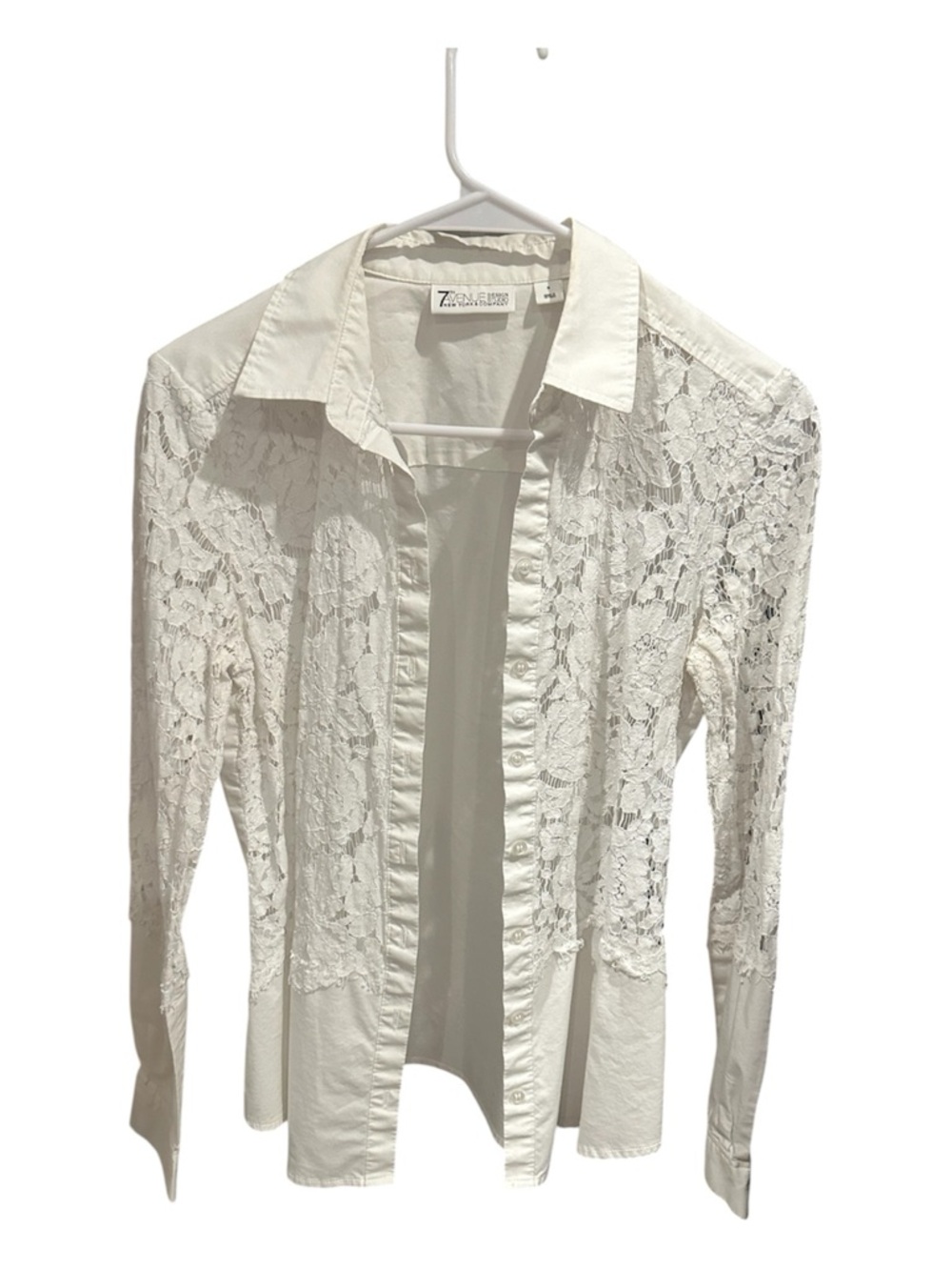 New York & Company White Lace-Trim Button Shirt
